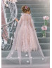 Beaded Pink Eyelash Lace Satin Flower Girl Dress With Cape